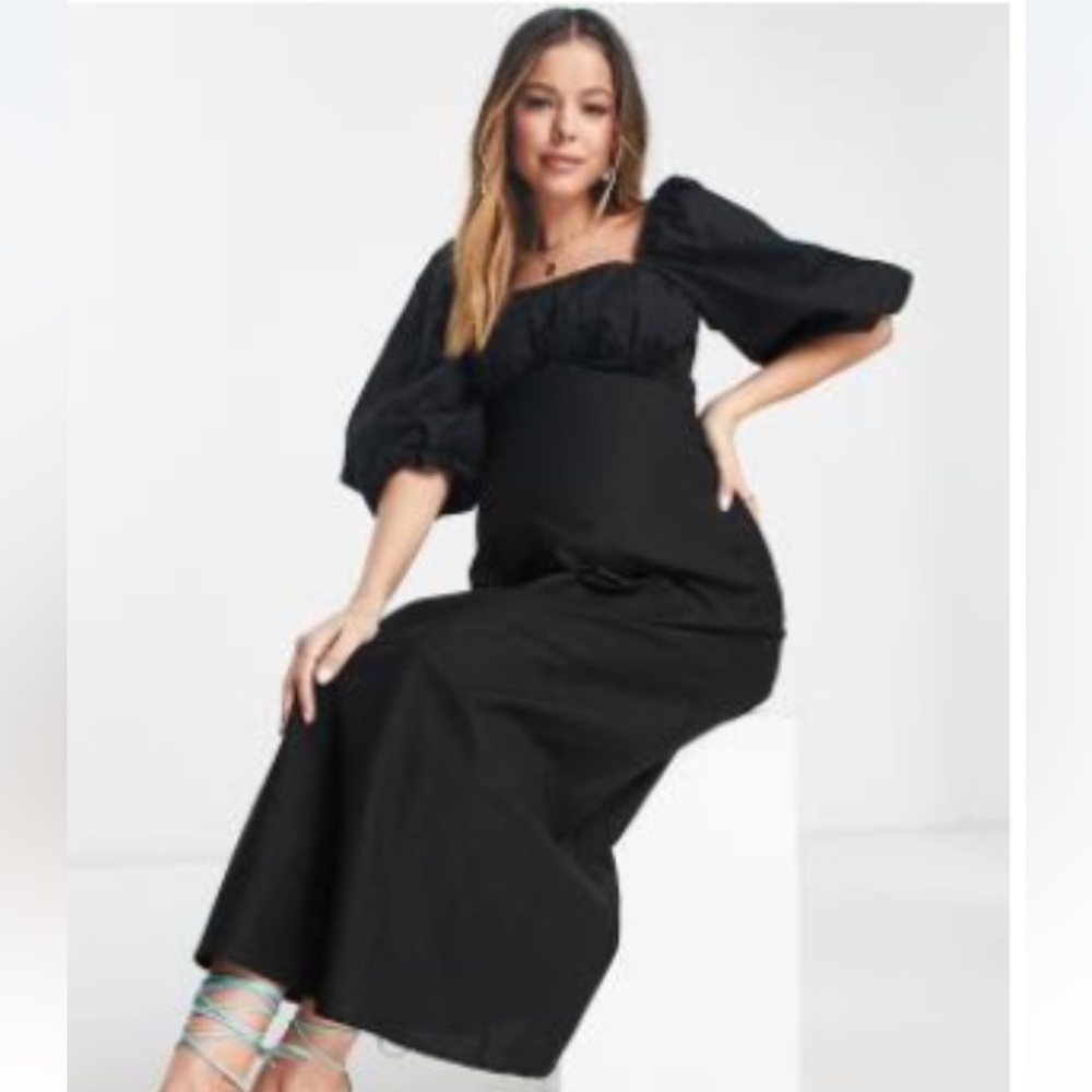 ASOS Maternity Black Dress Square Neck with Puff Sleeves